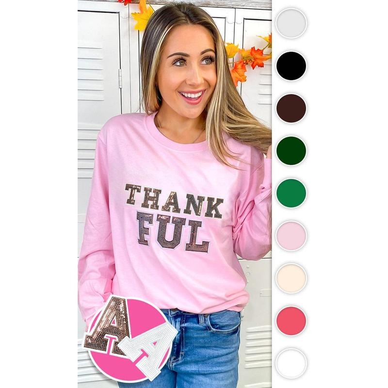 Thankful Sequin Graphic Long Sleeve T-Shirt Hoodie, Sweatshirt | DripVista.com