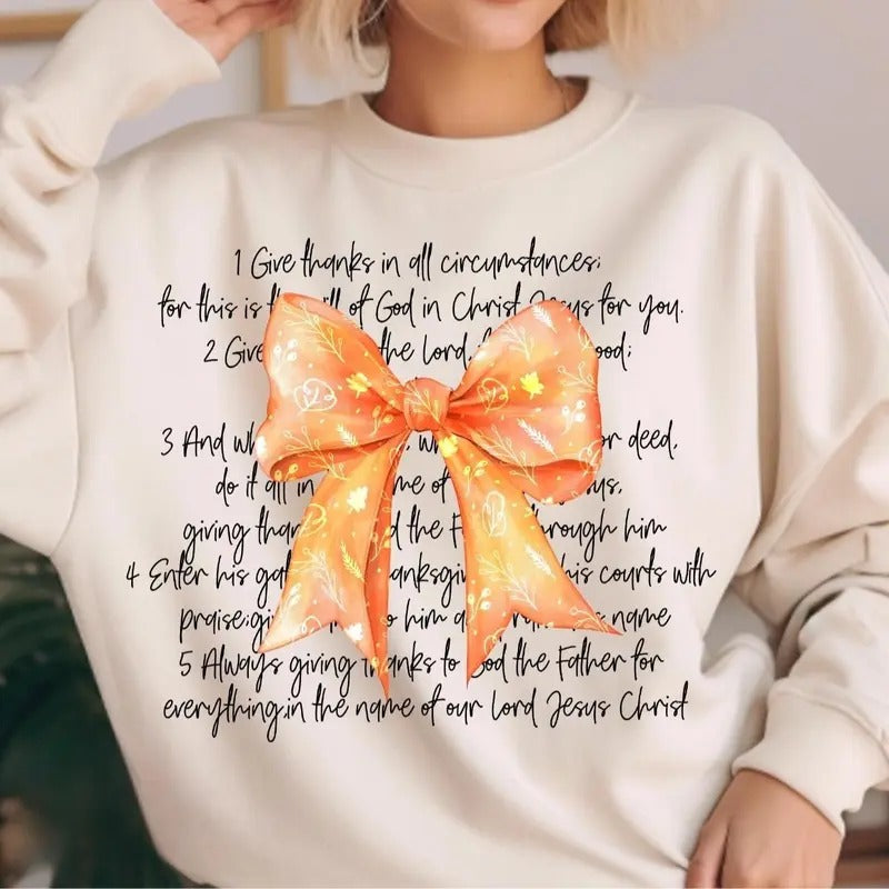 Thanksgiving Bible Verses Coquette Fall Sweatshirt, Jesus Coquette Bow Fall Vibes Shirt Hoodie | DripVista.com