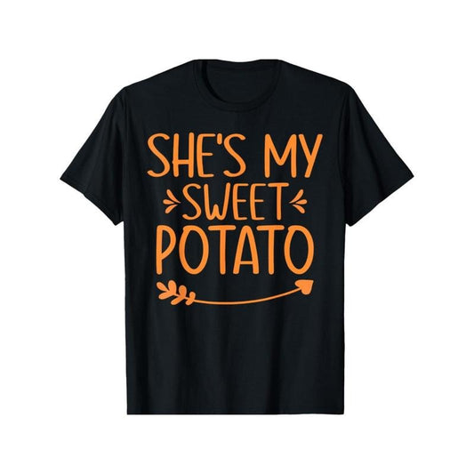 Thanksgiving Couples T-Shirt - Sweet Potato Graphic, Cotton Crew Neck, Short Sleeve, Regular Fit, All-Season, Geometric Pattern, Digital Direct Injection- Daily & Casual Wear Made in USA