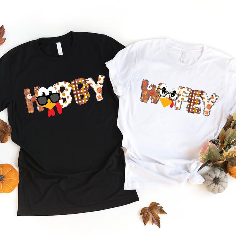 Thanksgiving Hubby and Wifey Shirts - Cute Fall Matching Couple T-Shirts, Autumn Turkey Plaid Tee Set, Gift for Couples...