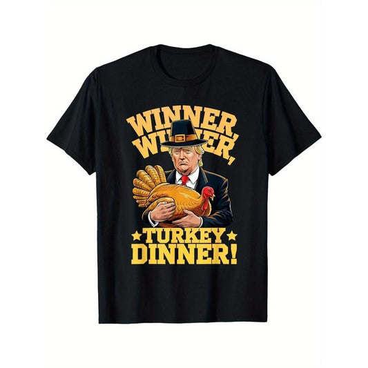 Thanksgiving Humor Graphic T-Shirt, 100% Cotton Knit Fabric, Casual Regular Fit, Crew Neck, Short Sleeve Tee with Printed Trump and Turkey, Breathable All-Season Wear, Perfect Gift for Men and Women made in usa