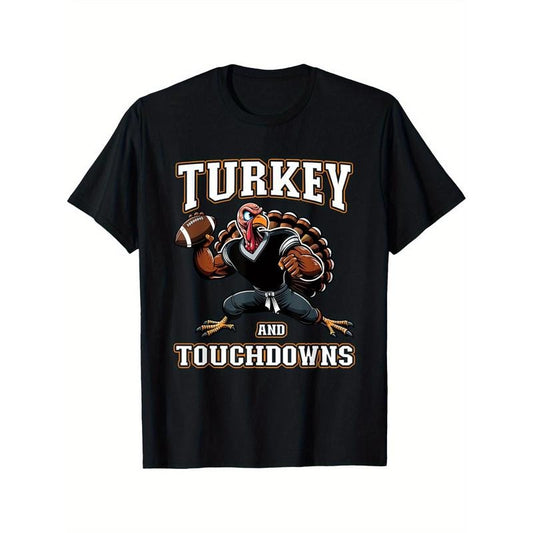 Thanksgiving Men's Design, Turkey and Touchdown, Teen Men's T-Shirt, Crew Neck, Casual, Print, Fashion 180g made in usa