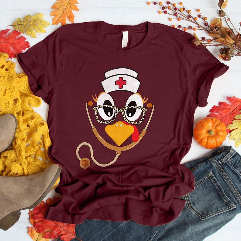 Thanksgiving Nurse Turkey Shirt - Cute Fall T-Shirt for Nurses, Funny Stethoscope Turkey Tee, Holiday CNA RN Gift