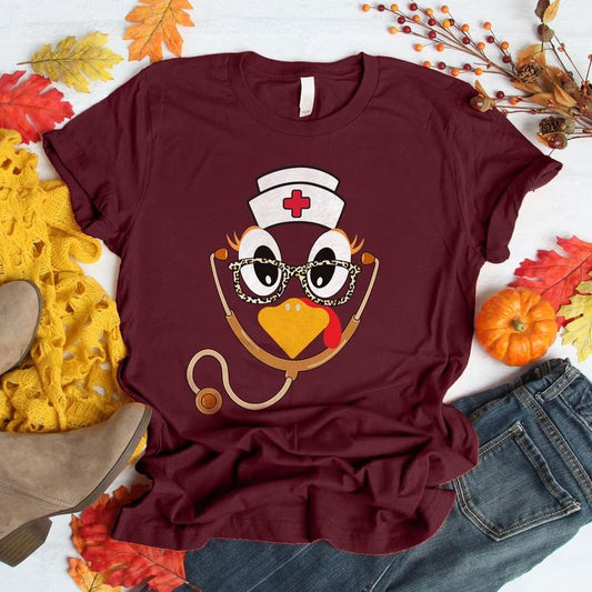 Thanksgiving Nurse Turkey Shirt - Cute Fall T-Shirt for Nurses, Funny Stethoscope Turkey Tee, Holiday CNA RN Gift