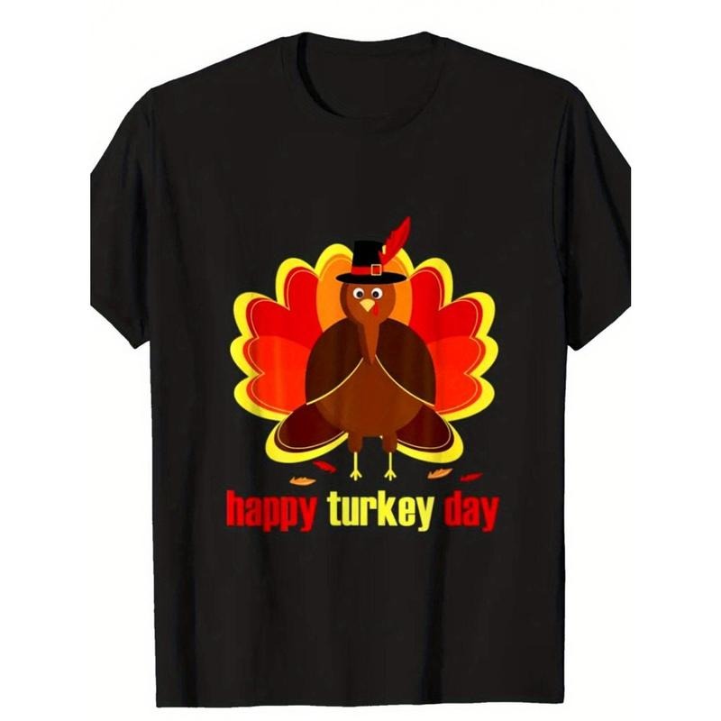 Thanksgiving Printing, Men's Cotton Turkey Pattern T-shirt, Casual Short Sleeve round Neck Game T-shirt, Men's Outdoor T-shirt made in usa