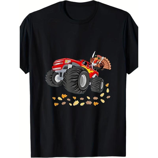 Thanksgiving Turkey Driving Monster Truck T-shirt - 100% Cotton. made in usa