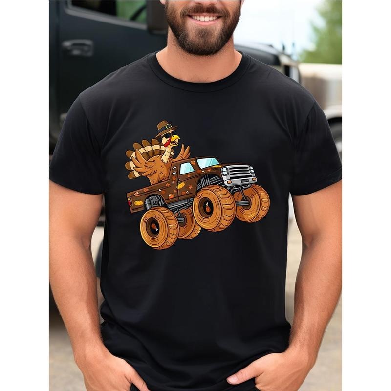 Thanksgiving Turkey Riding Monster Truck Men's Cotton Printed T-Shirt made in usastyle{n002}2