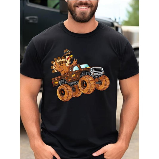 Thanksgiving Turkey Riding Monster Truck Men's Cotton Printed T-Shirt made in usastyle{n002}2