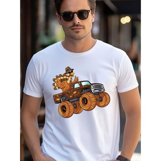 Thanksgiving Turkey Riding Monster Truck Men's Cotton Printed T-shirt made in usastyle{n002}3