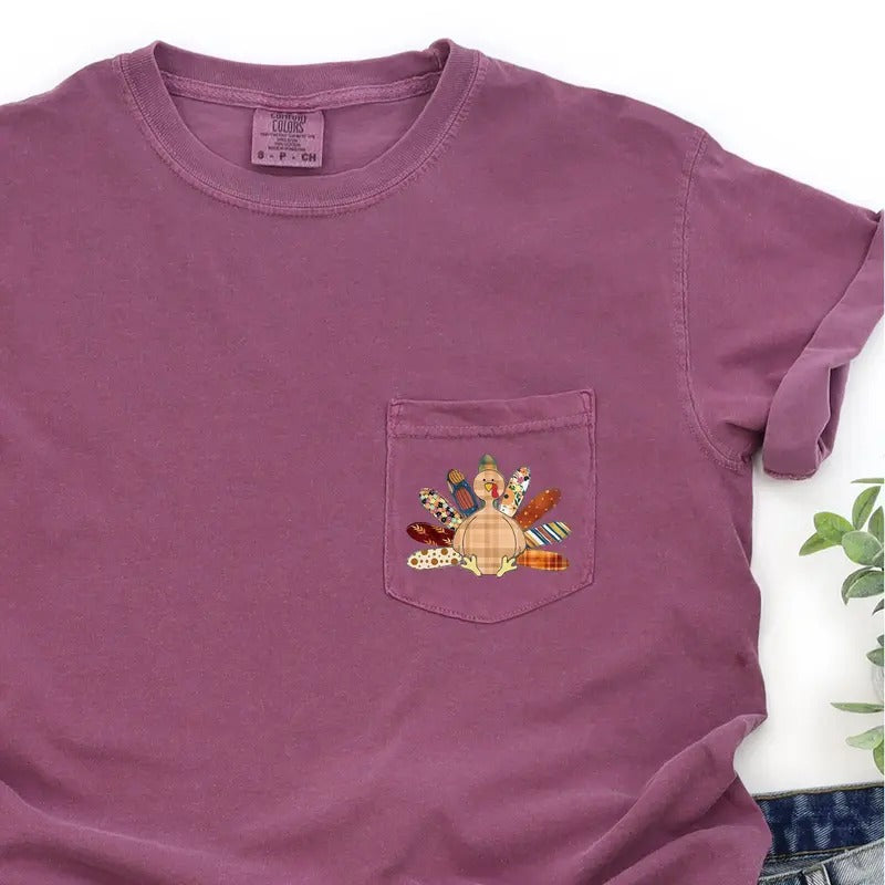 Thanksgiving Turkey, Colorful, Plaid, Pocket Tee, Women's Comfort Colors Tee Hoodie, Sweatshirt | DripVista.com