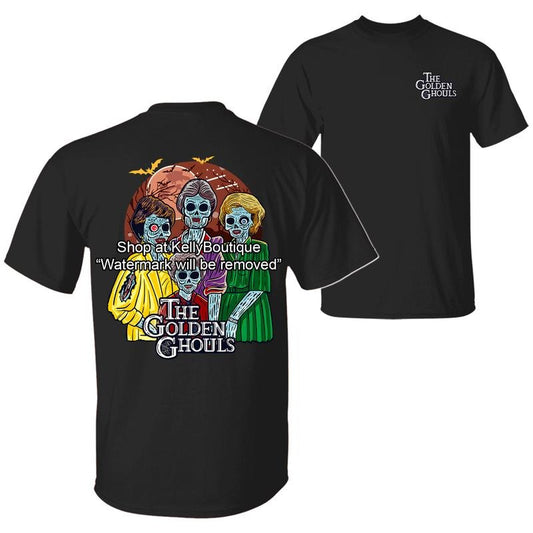 The Golden Ghouls Halloween T-Shirt, Trendy Halloween Spooky Season 2 Sided Graphic Design Unisex Cotton T-shirt for Men for Women Menswear Womenswear Top
