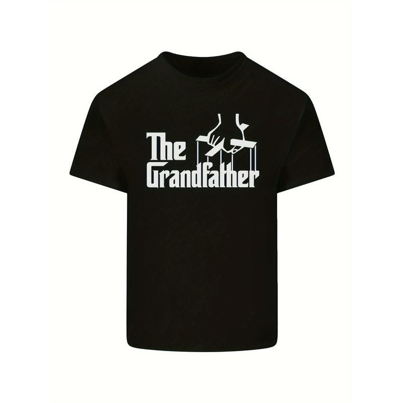 The Grandfather Letter Print Men's 100% Cotton Short Sleeve Print Crew Neck Graphic Print T-Shirt For Men - Breathable, Casual Wear For Summer Outdoor Activities - Regular Fit, Patterned, Knit Fabric made in usa