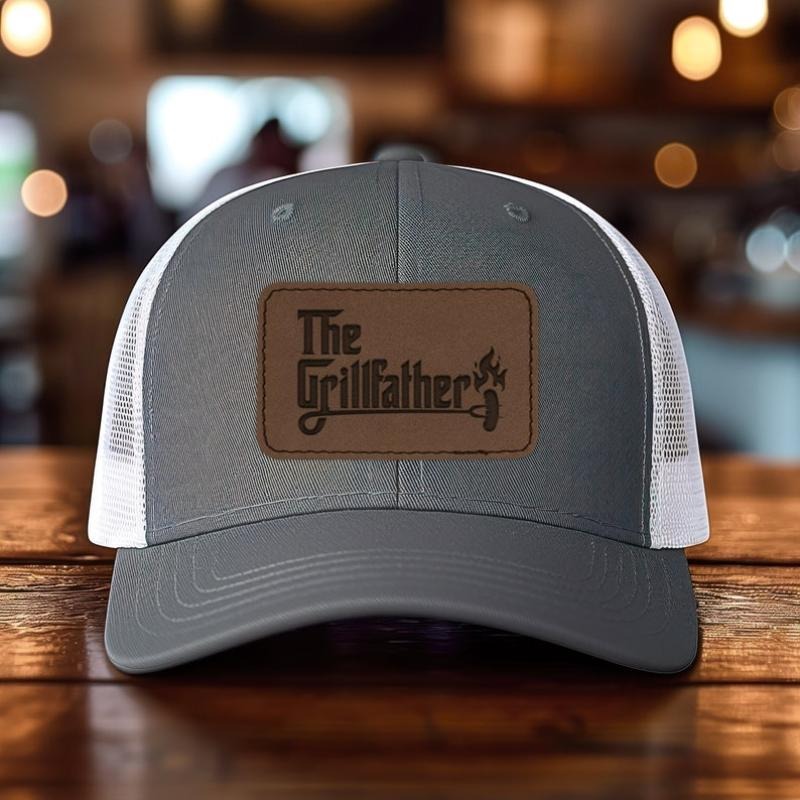 The Grill Father Mesh Back Trucker Cap Engraved Faux-Leather Patch Adjustable Hat, Hat for Dad, Father's Day Gift...
