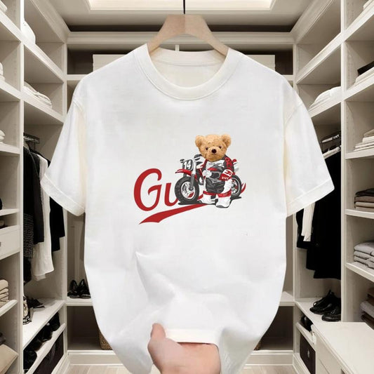 The Little Bear Riding the Motorcycle Is Cool, the Red Letters Are Eye-Catching, and the Trend Is Very Popular. Pure Cotton Material, Comfortable and Versatile, Showing Personality Street Style