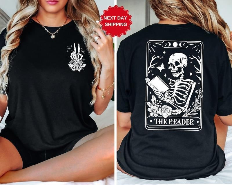 The Reader Tarot Card Front And Back Printing Shirt, Skeleton Reading T-shirt Hoodie, Sweatshirt | DripVista.com