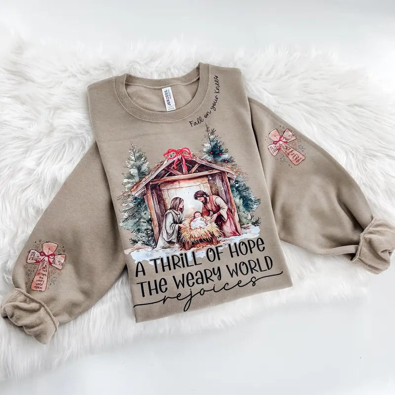 The Weary World Rejoices Nativity Christmas Sweatshirt or Hoodie with sleeve print Comfy Sublimation Tops Menswear Unisex...