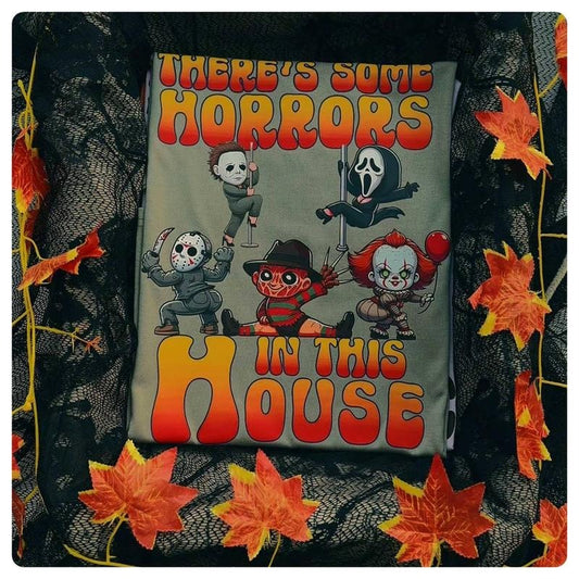 There's Some Horrors In This House Shirt Chucky Ghostface Pennywise Shirt Spooky Season Halloween Gift, Trendy Funny Halloween Pumpkin Shirt