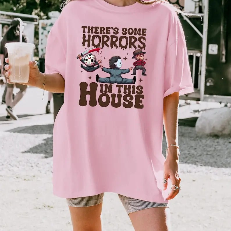 There's Some Horrors In This House Shirt, Funny Halloween Tshirt, Spooky Season Halloween Gift, Trendy Funny Halloween Pumpkin Shirt