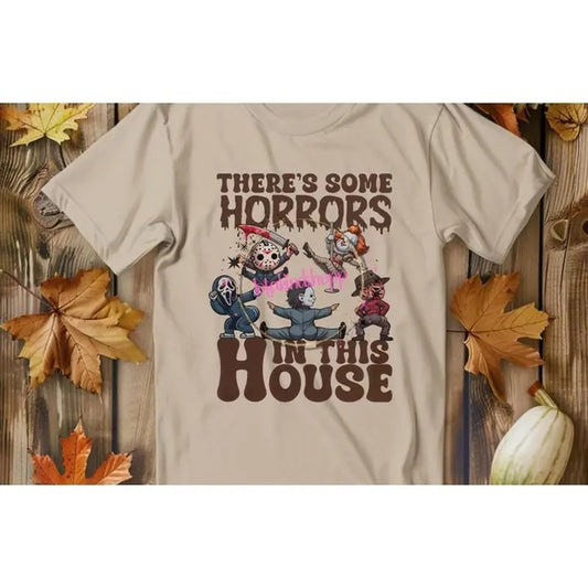 Theres Some Horrow In This House Trendy Fall Shirt Halloween Characters, Ghostface, Pennywise, Michael Myers, Freddy Krueger, Jason Voorhees Shirt Spooky Season Party Shirt Cotton Top Classic Menswear