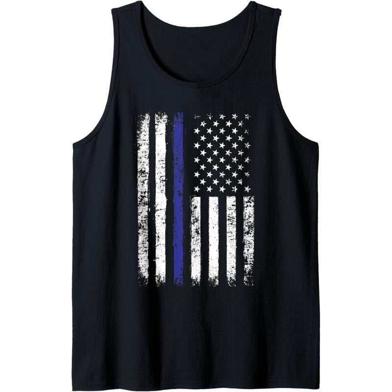 Thin Blue Line American Flag Police Officer Back Dad Gift Tank Top made in USA T-Shirts, Hoodie, Sweatshirt | DripVista.com