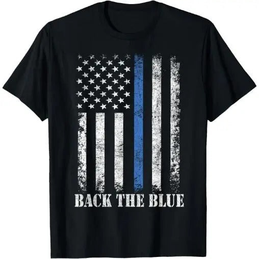 Thin Blue Line Back the Blue American Flag Police Support T-Shirt Made in USA
