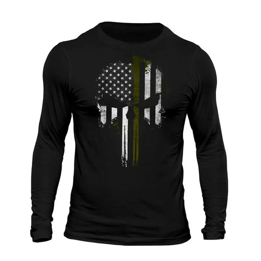 Thin Green Line Flag Skull Patriotic USA Army Men's Long Sleeve T-Shirt Casual Classic