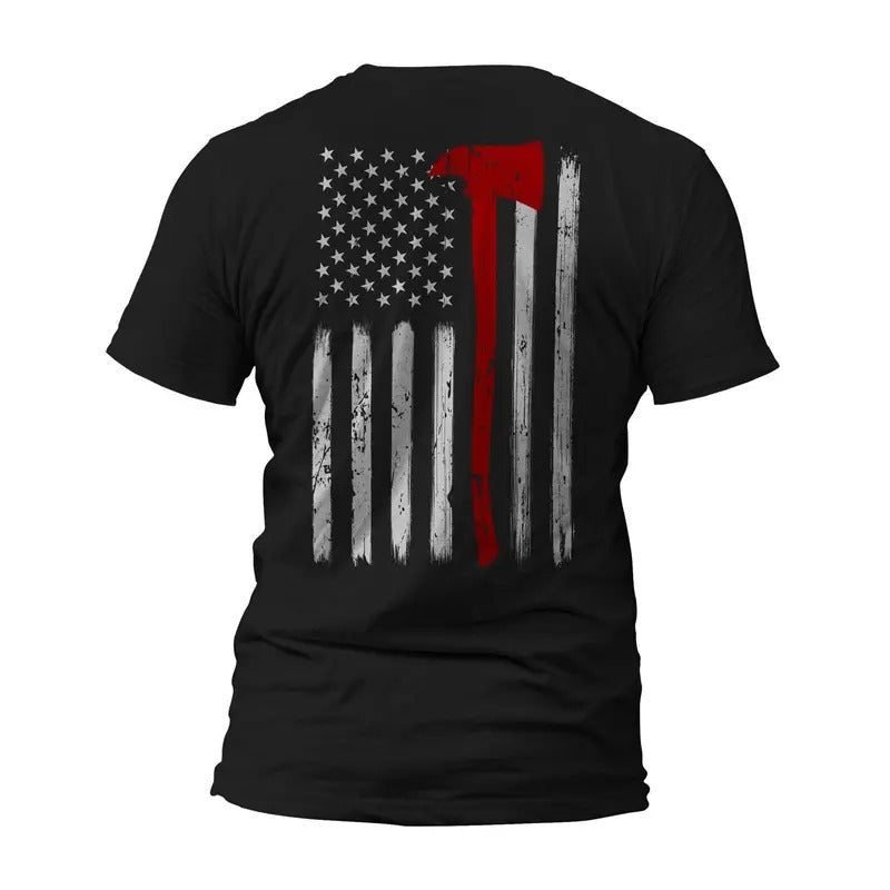Thin Red Line Flag Axe Design US Firefighter Front or Back Print T-Shirt Classic Menswear Tee