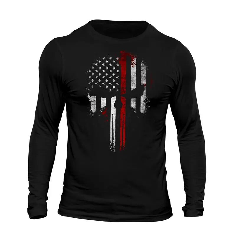 Thin Red Line Flag Skull USA Firefighter Long Sleeve Men's T-Shirt Casual Classic