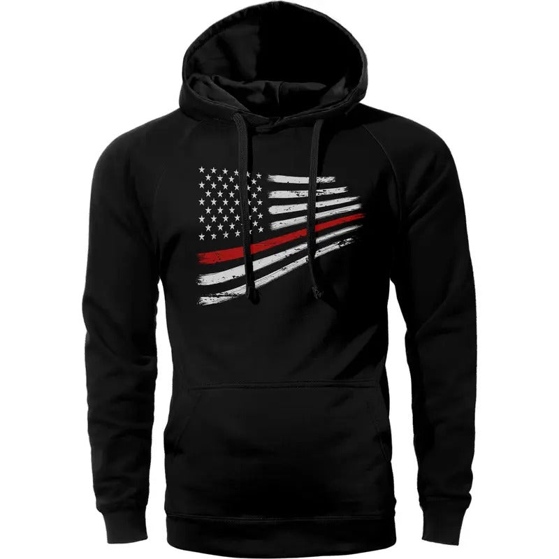 Thin Red Line Flag Warped Design USA Firefighter Hoodie Sweatshirt Cotton Fabric