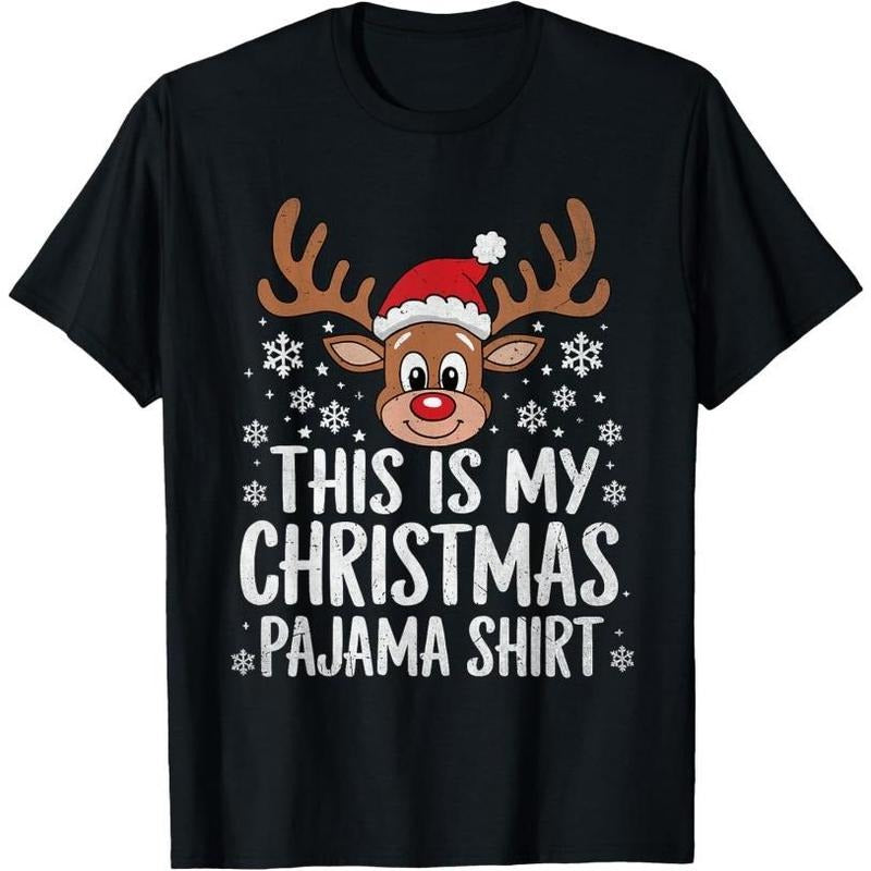 This Is My Christmas Pajama Shirt Reindeer Funny Xmas Pajama T-Shirt Made in USA Hoodie, Sweatshirt | DripVista.com