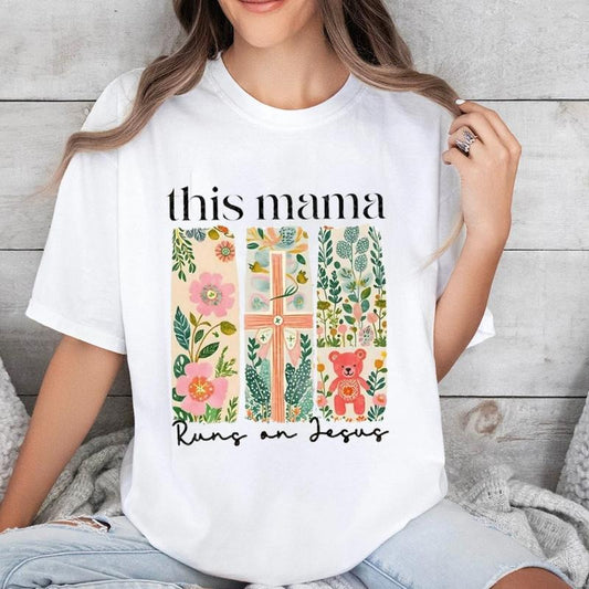 This Mama Runs On Jesus Mother's Day T-Shirt Pure Cotton Casual Style Crew Neck Short Sleeve T-Shirt Tops Trendy for Unisex