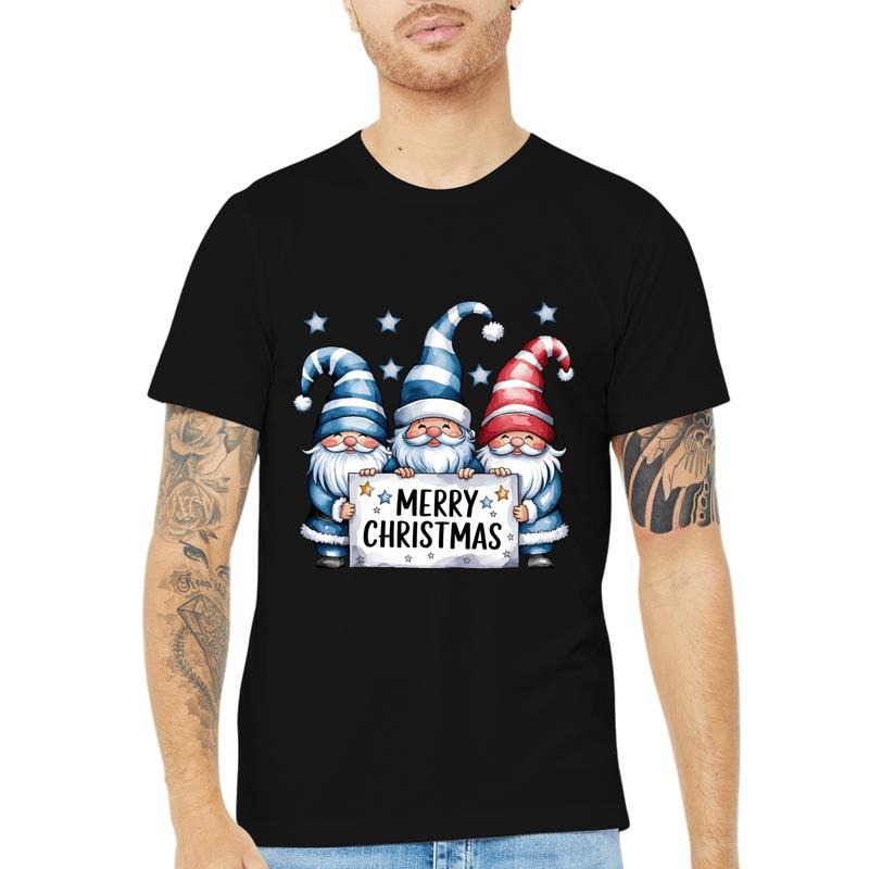 Three Dwarves in Striped Hats Celebrating Christmas with a "Merry Christmas" Banner, Say goodbye to boring T-shirts and...
