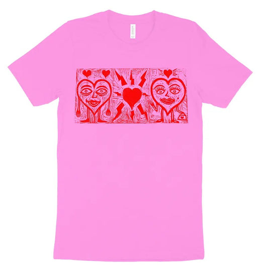 Three Hearts Valentines  Hand printed  Woodcut T Shirt Menswear Cotton Top