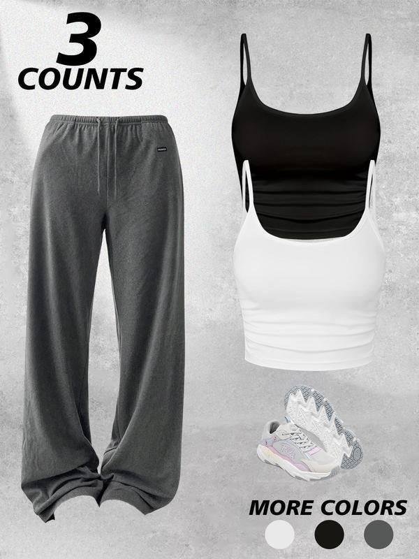 Three-Piece Set Women's All Over Print Crop Tank Top & Pants & Bra Set, Casual Sleeveless Round Neck Top & Trousers & Bra...