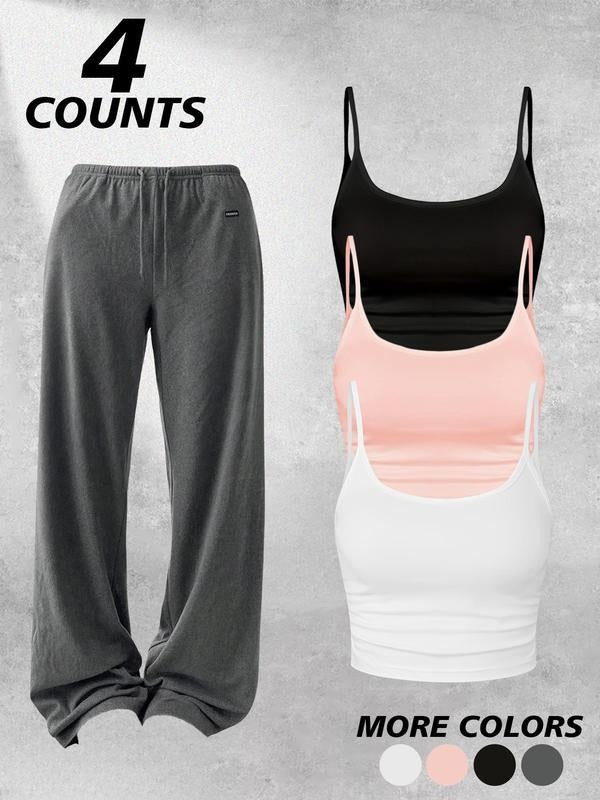 Three-Piece Set Women's All Over Print Crop Tank Top & Wide Leg Pants & Open Front Long Sleeve Outerwear Set, Casual...