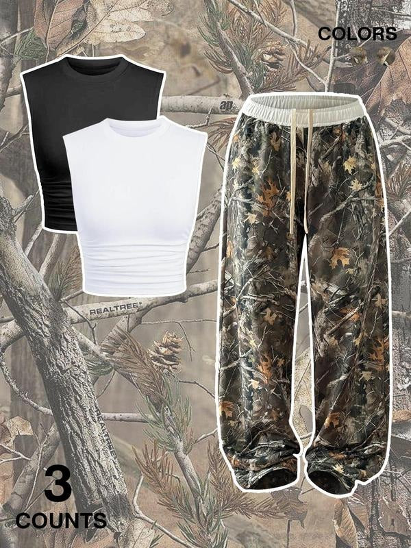 Three-Piece Set Women's Camo Print Tank Top & Leggings & Crop Outerwear, Casual Fashion Cozy for Daily Outdoor Wear,...