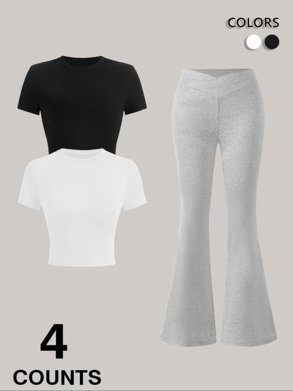 Three-Piece Set Women's Solid Crop Tee & All Over Print Flare Leg Pants Set, Casual Fashion Cozy Round Neck Short Sleeve...