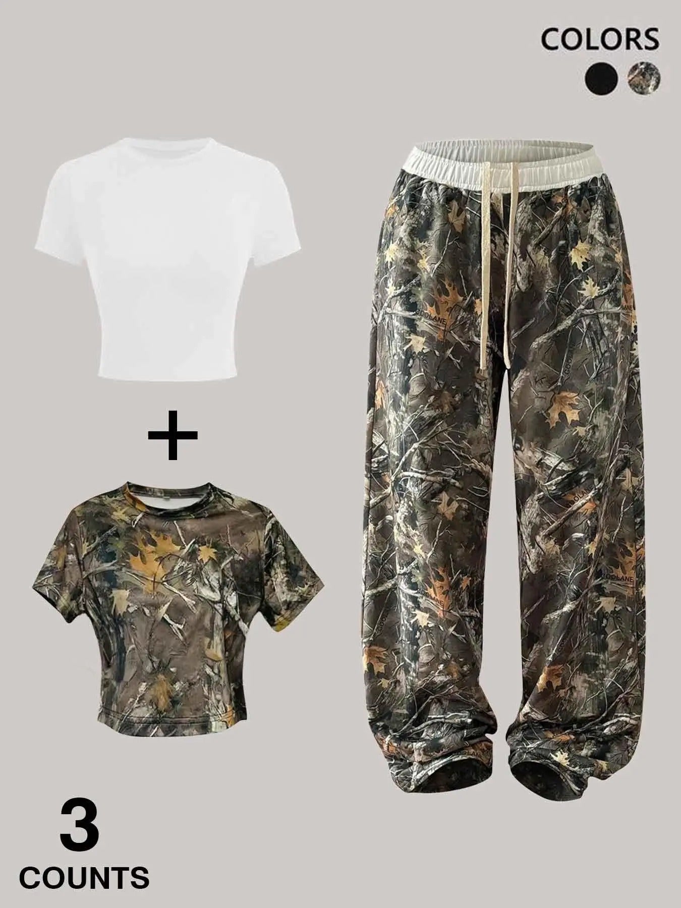 Three-Piece Set Women's Solid Crop Tee & Camo Print Pants & Crop Tank Top Set, Casual Fashion Cozy Breathable Three-piece...