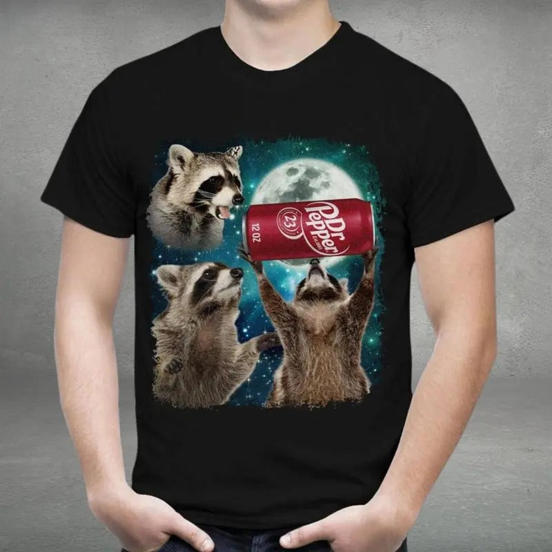 Three Racc00ns Dr Pepper Vintage Graphic T-shirts, Retro Racc00n Moon Tshirt, Funny Racccon Tee, Oversized Gifts, Christmas Gift, Gift Shirt