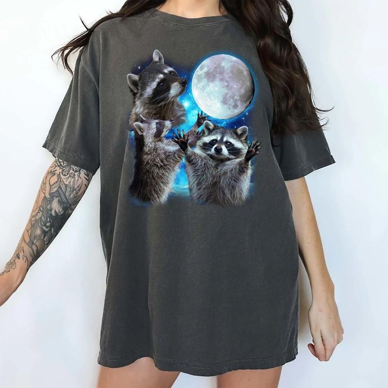 Three Raccoons Moon Shirt, Funny Retro Raccoon Vintage Graphic Tee, Raccoon Meme Tee, Retro Y2k Galaxy Raccoon Shirt, Trash Panda Shirt, Raccoon Lovers Tee, Casual Women's Tops, Unhinged Menswear, Comfy Cotton Fabric Oversized Tee, Relaxed Fit Chic Style