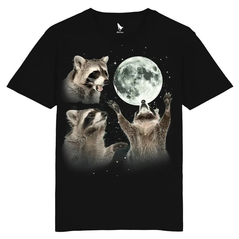 Three Raccoons Vintage Graphic T-shirts, Retro Moon Tshirt, Raccoon Lovers, Funny Raccoon Tee, black, off white, Raccoon...