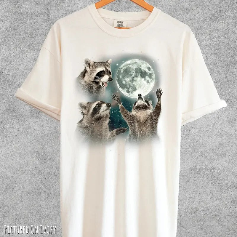 Three Raccoons Vintage Shirt, Retro Raccoon Moon Tshirt, Raccoon Lovers T Shirt, Funny Raccon Tee, Oversized Washed Tee, Raccoon Gifts Menswear Top Streetwear Round Neck