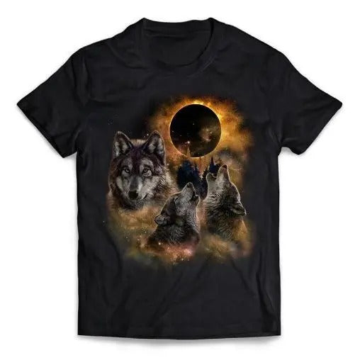 Three Wolf Solar Eclipse Moon - Short Sleeve Unisex, Men, Women, Youth T-Shirt Made in USA Hoodie, Sweatshirt | DripVista.com