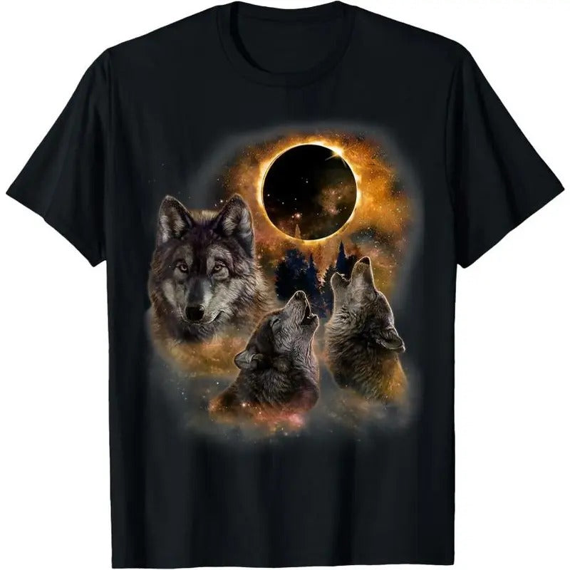 Three Wolves and Solar Eclipse, Forest Wolf Animals Wild T-Shirt Hoodie, Sweatshirt | DripVista.com