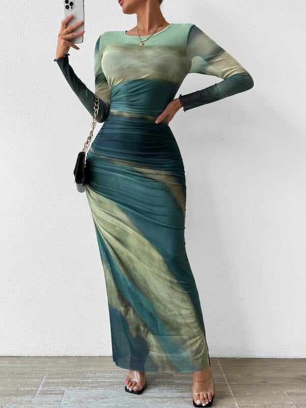 Tie Dye Ruched Long Sleeve Dress Mesh Slim Fit Bodycon Maxi Dresses T-Shirts, Hoodie, Sweatshirt | DripVista.com