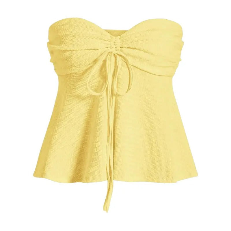Tie Front Ruched Tube Top Strapless Flared Hem Peplum Bandeau Tops T-Shirts, Hoodie, Sweatshirt | DripVista.com