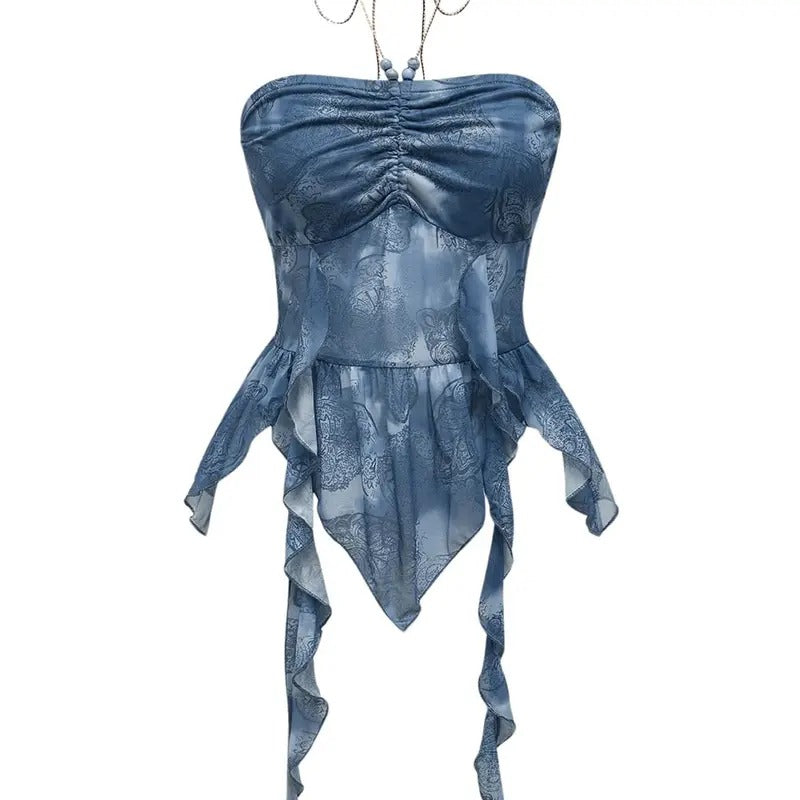 TikTokShopBacktoSchool Paisley Print Ruffle Asymmetrical Hem Halter Top Ruched Tie Backless Crop Tops T-Shirts, Hoodie,...