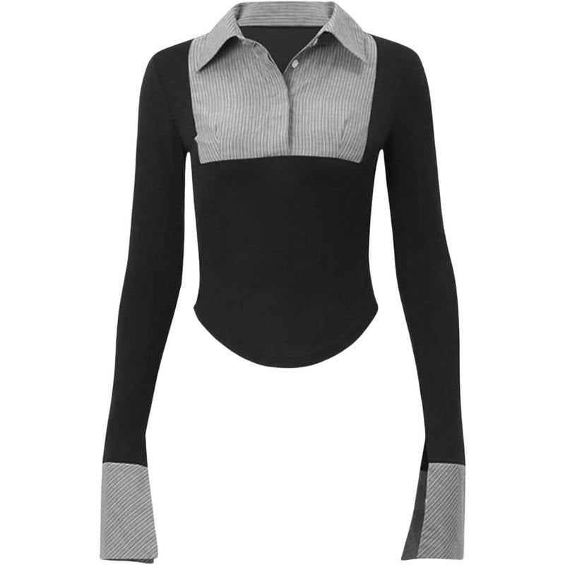 TikTokShopBacktoSchool Striped Button Front Collared Blouse Shirts Long Sleeve Slim Fit Asymmetrical Hem Work Tops...