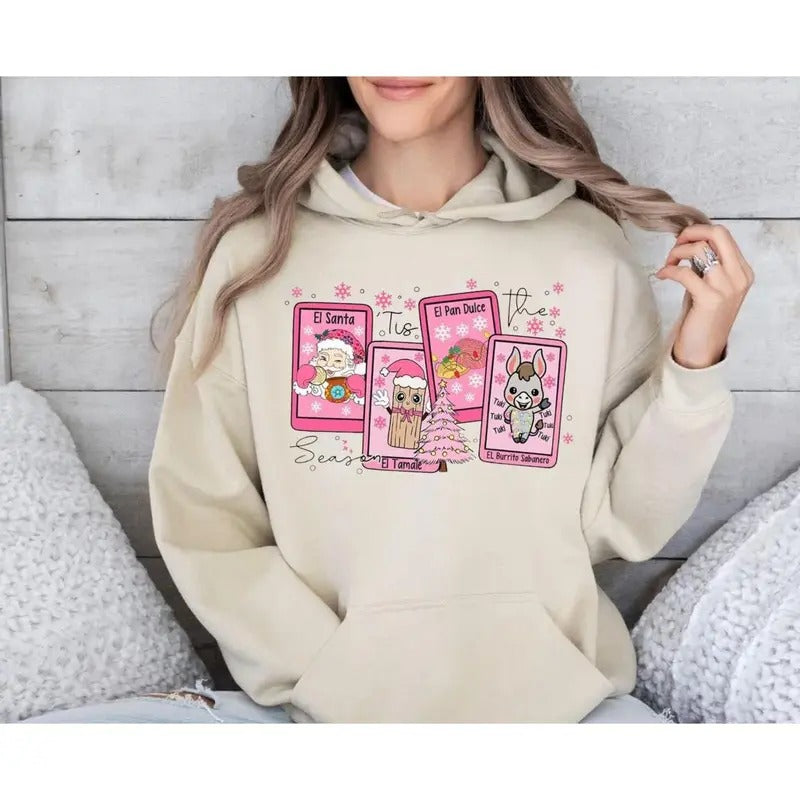 Tis The Season Christmas Sweatshirt, Spanish Holiday Hoodie, Funny Xmas Gift, Calories Don't Count, Pink Pullover, Unisex Christmas Sweater