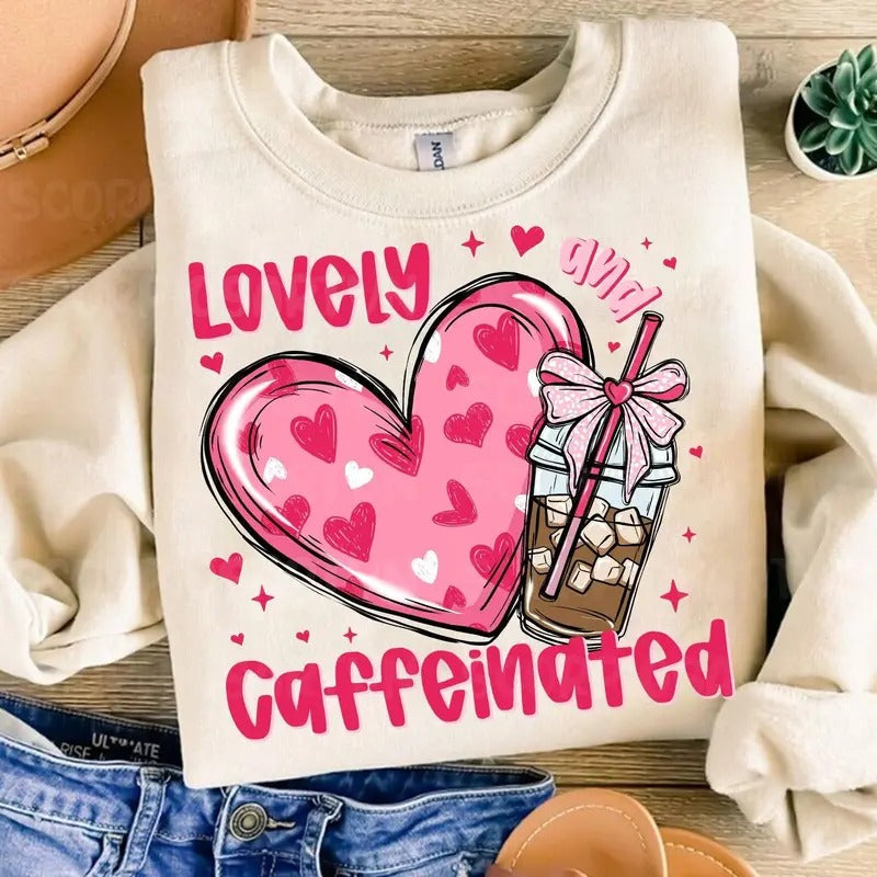 To Be Lovely & Caffeinated Sweatshirt, Hoodie, T-Shirt, Valentine's Day Shirt, Coffee Valentine Heart Shirt, Valentine...